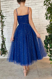 A Line Blue Spaghetti Straps Tulle long Prom Dress, Evening Dress SHK020