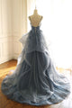 A-Line Grey Tulle Lace Long Prom Dress With Ruffles, Evening Dress SHK022