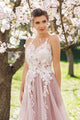 A-line Scoop Neck Floor Length Sleeveless Long Tulle Prom Dresses/Evening Dress With Appliques OHC287 | Cathyprom