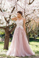 A-line Scoop Neck Floor Length Sleeveless Long Tulle Prom Dresses/Evening Dress With Appliques OHC287 | Cathyprom