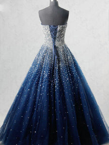 Sexy Strapless Ball Gown Amazing Beaded Prom Dress Navy Modest Tulle Prom/Evening Dress SM1172|CathyProm