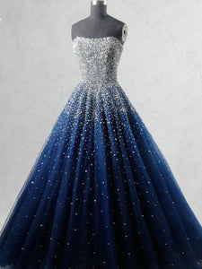 Sexy Strapless Ball Gown Amazing Beaded Prom Dress Navy Modest Tulle Prom/Evening Dress SM1172|CathyProm