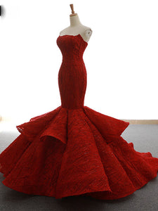 Sexy Strapless Mermaid Prom Dress Lace-Up Ruffle Skirt Unique Burgundy Lace Prom/Party Dresses SM7713|CathyProm