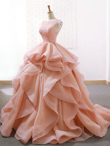 Ball Gown Ruffle Skirt Prom Dress Stunning Beaded Blush Open Back Prom Evening Dress SM7715|CathyProm