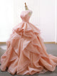 Ball Gown Ruffle Skirt Prom Dress Stunning Beaded Blush Open Back Prom Evening Dress SM7715|CathyProm