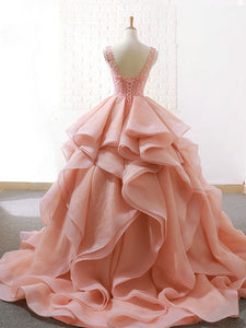 Ball Gown Ruffle Skirt Prom Dress Stunning Beaded Blush Open Back Prom Evening Dress SM7715|CathyProm