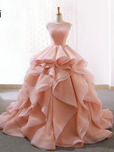Ball Gown Ruffle Skirt Prom Dress Stunning Beaded Blush Open Back Prom Evening Dress SM7715|CathyProm