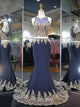 Sexy Two Piece Prom Dress Mermaid Unique Appliques with Beading Navy Prom/Evening Dress SM7716|CathyProm
