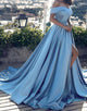 A Line Long Prom Dresses Cap Sleeve Blue Prom Dress with Slit Formal Evening Dress SM7719|CathyProm