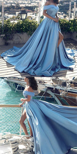 A Line Long Prom Dresses Cap Sleeve Blue Prom Dress with Slit Formal Evening Dress SM7719