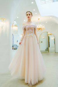Cap Sleeves A Line Floor Length Elegant Tulle Prom Dress Unique Embroidery Prom Evening Dress SMT0717|CathyProm