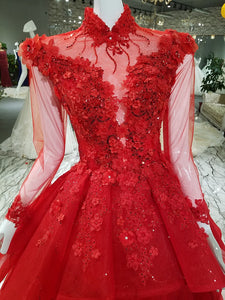 Unique High Neck Appliques Ball Gown Luxurious Beaded Long Sleeve Prom Evening Dress SMT07171|CathyProm