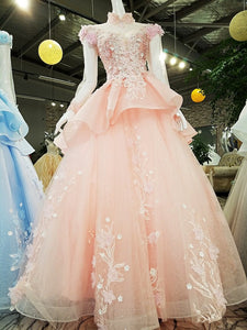 Unique High Neck Appliques Ball Gown Luxurious Beaded Long Sleeve Prom Evening Dress SMT07171|CathyProm