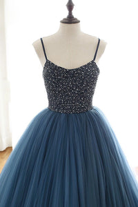 Blue Long Sequin Beaded Ball Gown Sexy Spaghetti Straps Tulle Long Prom Evening Dress STB1514|CathyProm