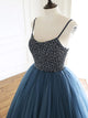 Blue Long Sequin Beaded Ball Gown Sexy Spaghetti Straps Tulle Long Prom Evening Dress STB1514|CathyProm