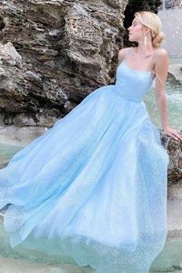 Shiny Sequins Open Back Light Blue Long Prom Dress, Evening Dress CMS211145