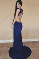 Sexy Royal Blue Mermaid Backless Side Slit Prom Dress, Evening  Dress CMS211155