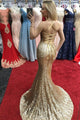 Sexy Elegant Gold Sequins Long V Neck Mermaid Evening Dress Prom Dress With Slit OHC395 | Cathyprom