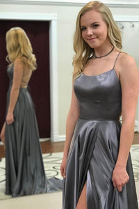Simple A Line Spaghetti Straps Sweep Train Backless Sleeveless Long Satin Prom Dress With Pockets OHC271 | Cathyprom