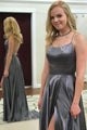 Simple A Line Spaghetti Straps Sweep Train Backless Sleeveless Long Satin Prom Dress With Pockets OHC271 | Cathyprom