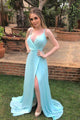 Sexy V-Neck Backless Blue Long Prom Dress with High Slit, Evening Dress CMS211166