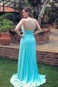 Sexy V-Neck Backless Blue Long Prom Dress with High Slit, Evening Dress CMS211166