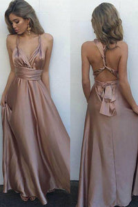 Sexy A-Line V-Neck Sleeveless Long Prom Dresses With Pleats, Evening Dress  CMS211162
