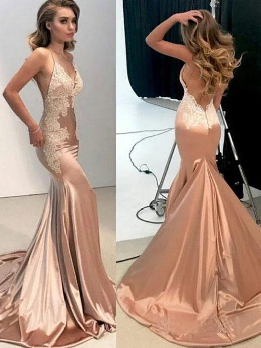 Sexy Mermaid Backless Prom Dress Nude V Neck Long Lace Spaghetti Strap – cathyprom Sexy Mermaid Backless Prom Dress Nude V Neck Long Lace Spaghetti Strap – cathyprom