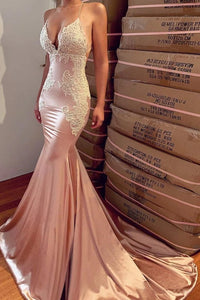 Sexy Mermaid Backless Prom Dress Nude V Neck Long Lace Spaghetti Straps Prom Dresses CP616