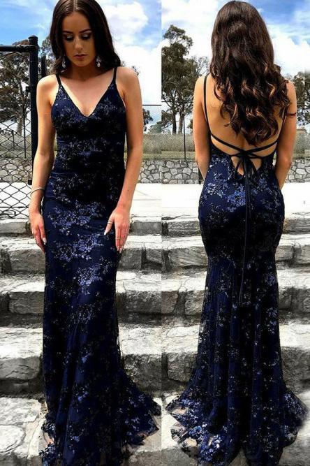 Sexy Mermaid Spaghetti Straps Lace Backless Navy Blue Prom Dress Long cathyprom Sexy Mermaid Spaghetti Straps Lace Backless Navy Blue Prom Dress Long cathyprom