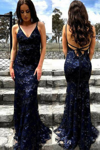 Sexy Mermaid Spaghetti Straps Lace Backless Navy Blue Prom Dress Long Evening Dresses CP615