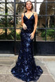 Sexy Mermaid Spaghetti Straps Lace Backless Navy Blue Prom Dress Long Evening Dresses CP615