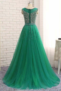 Shinning A Line Green Tulle Sequins Long Evening Dress Long Winter Formal Prom Dresses OHC476 | Cathyprom