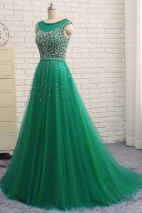 Shinning A Line Green Tulle Sequins Long Evening Dress Long Winter Formal Prom Dresses OHC476 | Cathyprom