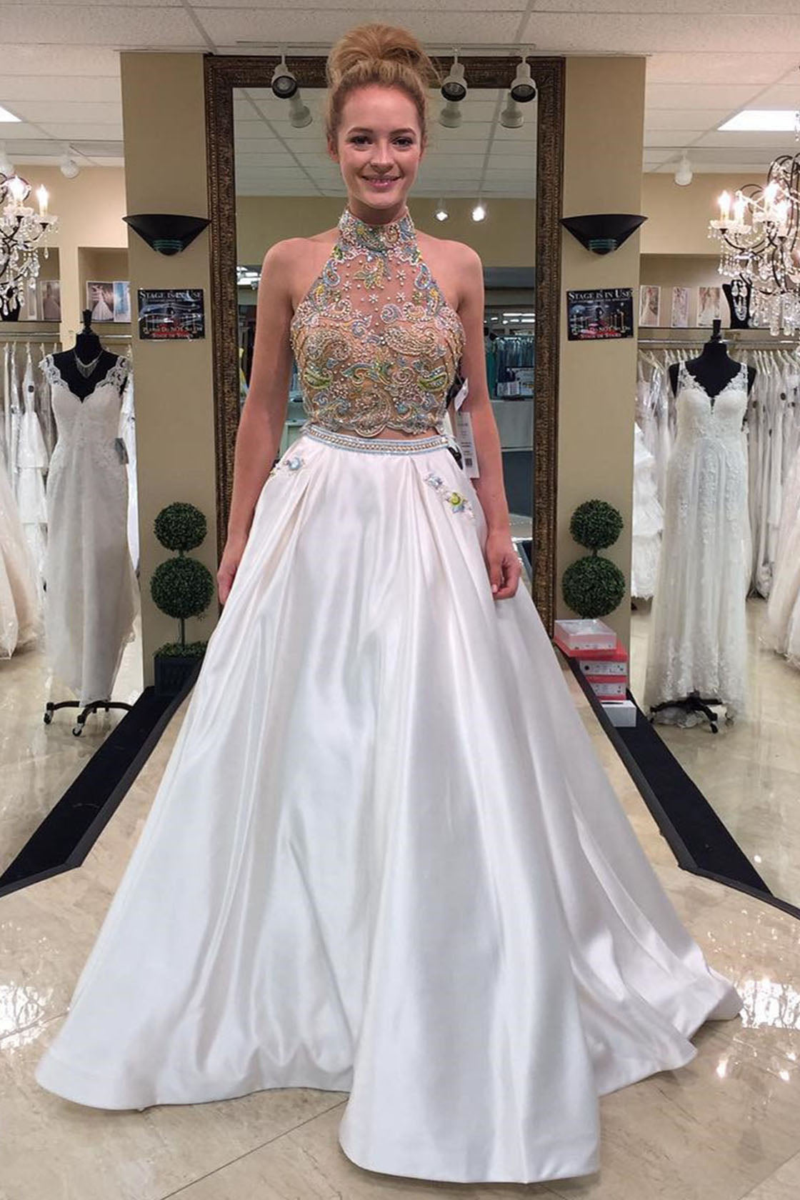 white rhinestone prom dress V Neck Prom Dress With Rhinestone Beading And Open Lace Back
