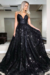 Shiny A Line V Neck Open Back Black Long Prom Dress With Sequins, Evening Dress CMS211149