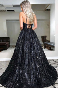 Shiny A Line V Neck Open Back Black Long Prom Dress With Sequins, Evening Dress CMS211149