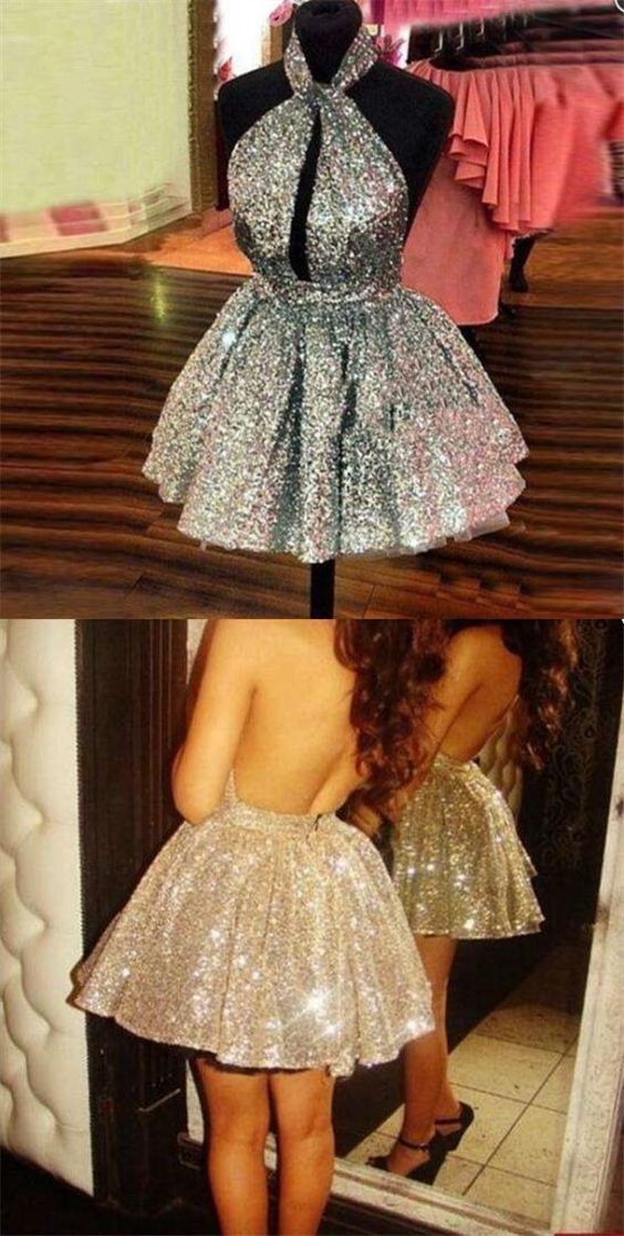Sexy Short Backless Sleeveless Prom Dress With Silver Sequins, Homecom cathyprom Sexy Short Backless Sleeveless Prom Dress With Silver Sequins, Homecom cathyprom