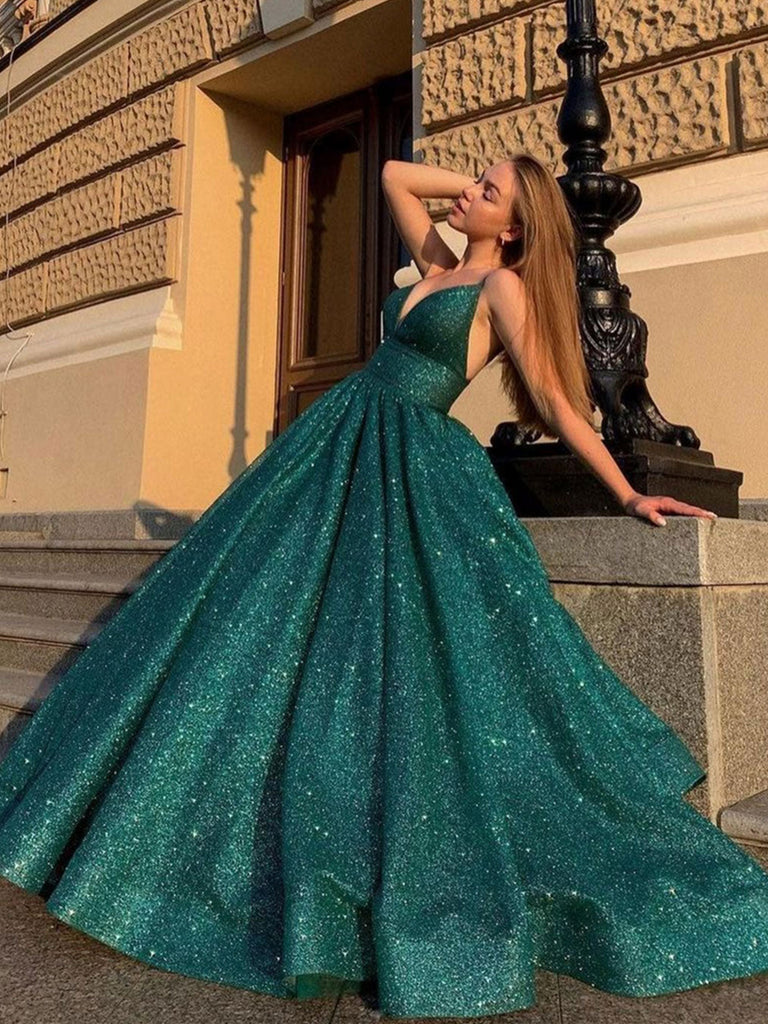 Shiny V Neck Green Satin Beading Sequin Long Prom Dresses SV1328 cathyprom Shiny V Neck Green Satin Beading Sequin Long Prom Dresses SV1328 cathyprom