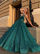 Shiny V Neck Green Satin Beading Sequin Long Prom Dresses SV1328