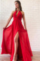 Simple A Line Red Chiffon Halter Strapless Long Open Back Prom Dress With Slit OHC396 | Cathyprom