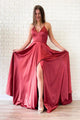 Simple A Line Red Satin V neck Side Slit Criss-Cross Straps Long Prom Dress Evening Dress OHC397 | Cathyprom