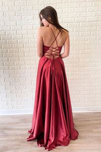 Simple A Line Red Satin V neck Side Slit Criss-Cross Straps Long Prom Dress Evening Dress OHC397 | Cathyprom