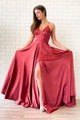 Simple A Line Red Satin V neck Side Slit Criss-Cross Straps Long Prom Dress Evening Dress OHC397 | Cathyprom