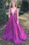 Simple A-Line V-Neck Sweep Train Fuchsia Prom Dress with Beading Pockets OHC501 | Cathyprom