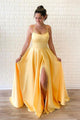 Simple A Line Yellow Satin Spaghetti Straps Sleeveless Long Slit Prom Dress Evening Dress OHC399 | Cathyprom