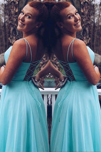 Simple Blue Chiffon Spaghetti Straps Sleeveless Long Prom Dress Party Dress OHC393 | Cathyprom