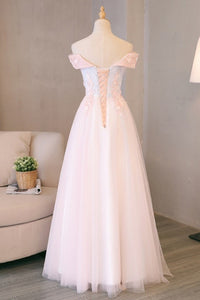 Simple Blush Pink Long Spring Senior Prom Dress With Lace Appliques OHC493 | Cathyprom