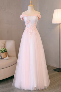 Simple Blush Pink Long Spring Senior Prom Dress With Lace Appliques OHC493 | Cathyprom