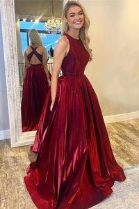 Simple Burgundy Satin Round Neck Floor Length Party Dress Formal Pageant Prom Dress OHC404  | Cathyprom